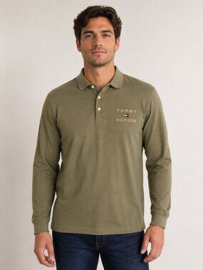 Tommy Hilfiger Olive Green Long Sleeve Polo Shirt Men's Large Embroidered Logo